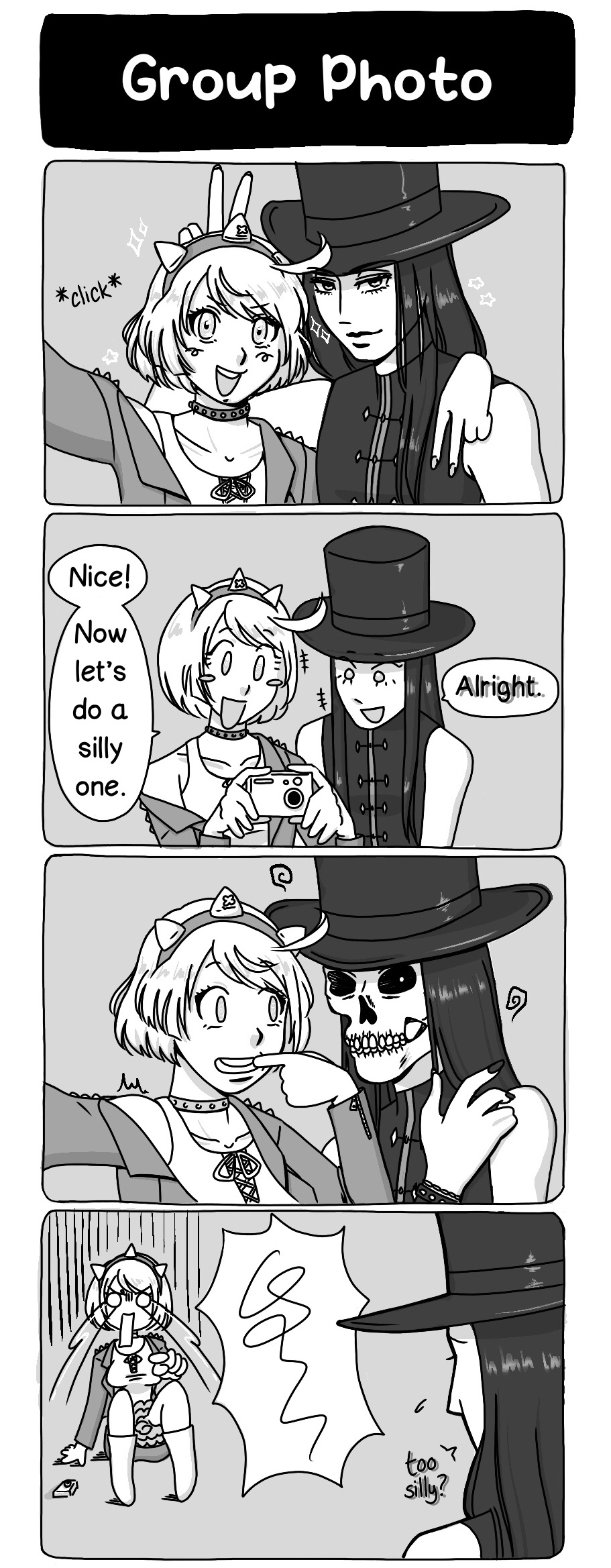 Group Photo 4-panel comic of elphelt and testament guilty gear (strive)
